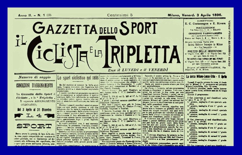 Accadde oggi - 3 Aprile 1896 – Esce il primo numero de La Gazzetta dello Sport