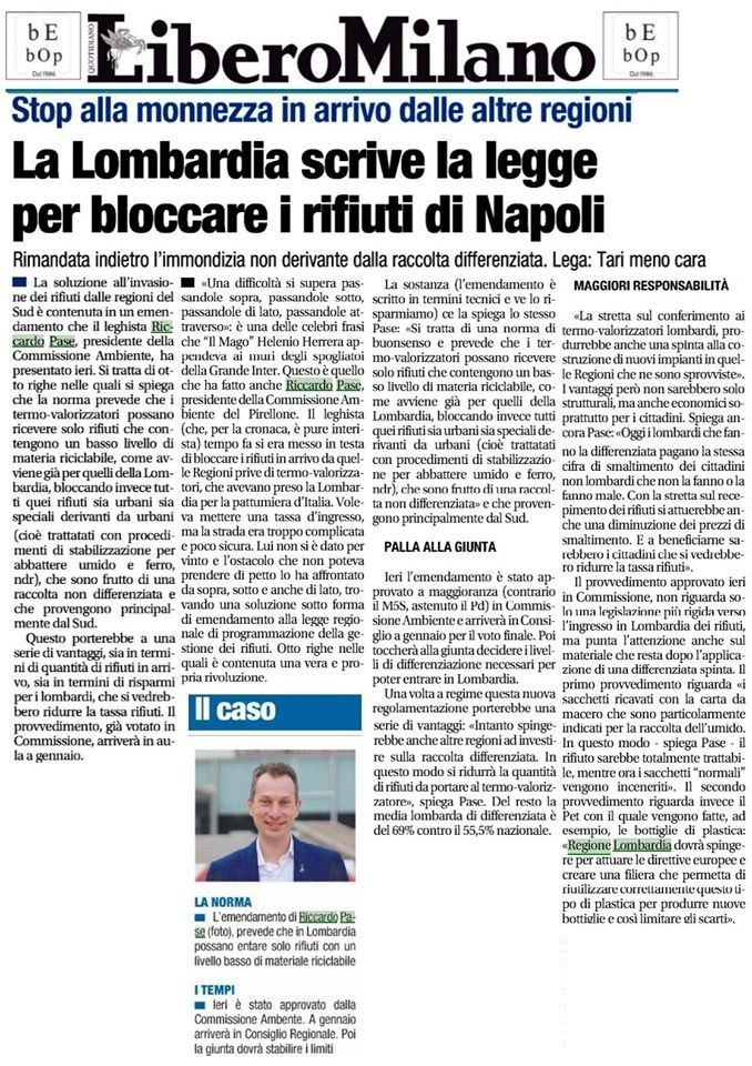 Regione Lombardia - presentato emendamento gestione rifiuti