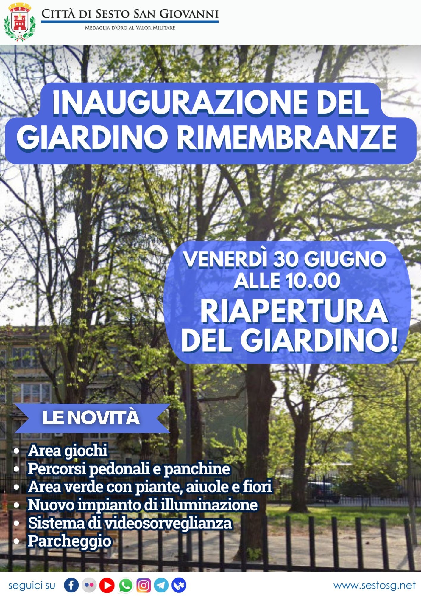 Sesto - Riapre il giardino di via Rimembranze: venerdì 30 giugno alle ore 10