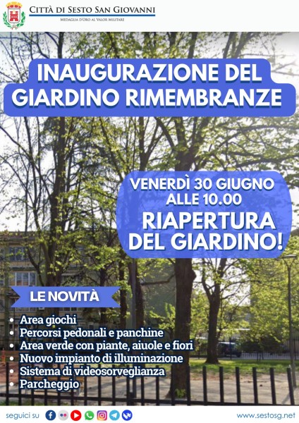 Sesto - Riapre il giardino di via Rimembranze: venerdì 30 giugno alle ore 10
