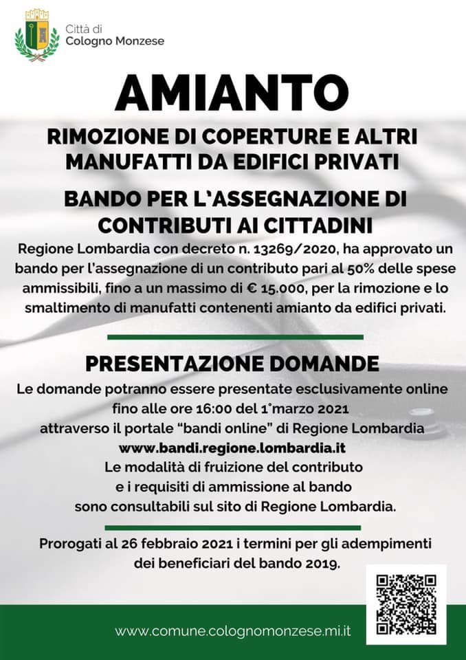 NOTIZIE - Cologno Monzese; BANDO PER L’ASSEGNAZIONE DI CONTRIBUTI AI CITTADINI PER LA RIMOZIONE DI COPERTURE