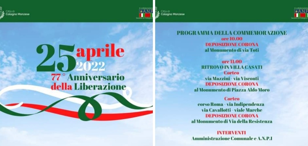 Cologno - 25 APRILE, 77° ANNIVERSARIO DELLA LIBERAZIONE