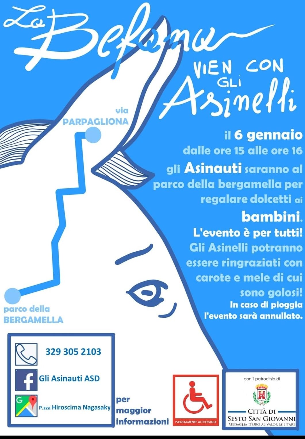 Sesto - Appuntamento con la Befana, accompagnata dagli amici asinelli.